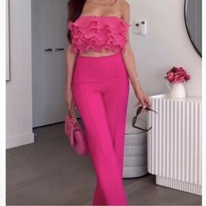 ZARA FUCHSIA CROP TOP BANDEAU WITH FRILLS RUFFLE WOMEN SIZE L New 1971/157